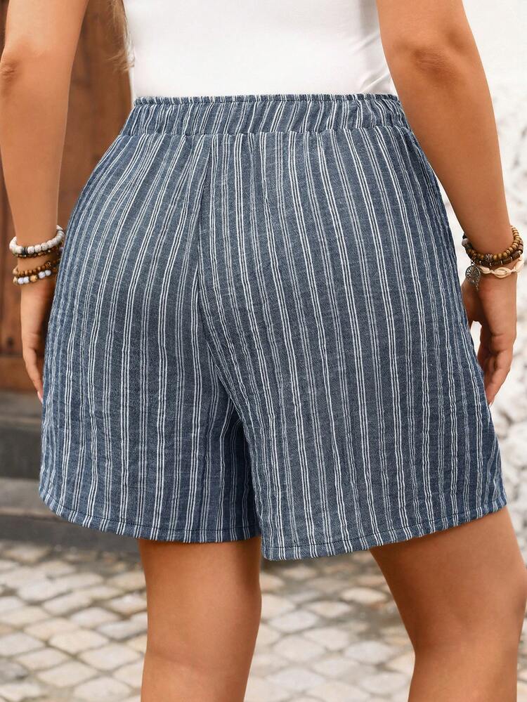 Plus Size Women's Summer Casual Vacation Solid Brown Shorts With Pockets, Daily Wear