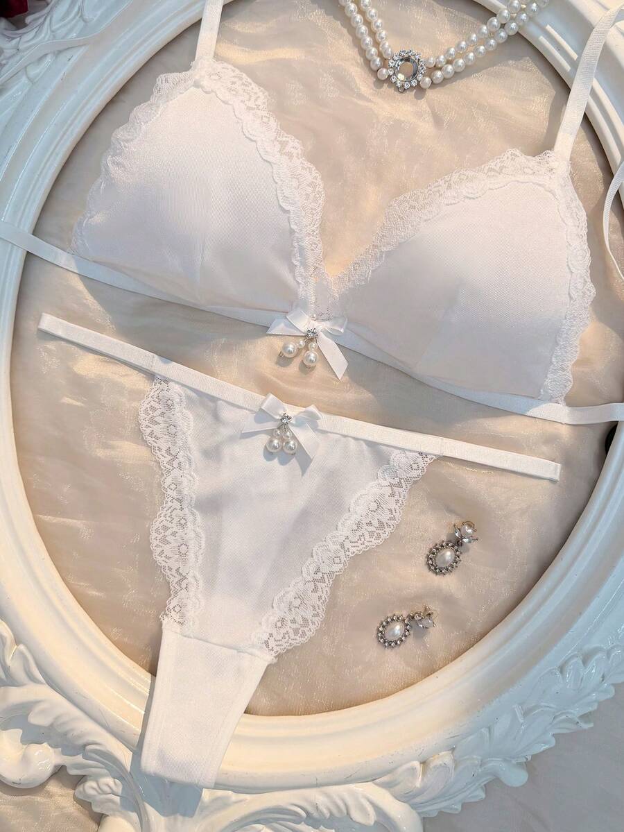 Crystal Vow Bộ đồ lót nữ gợi cảm 2 món bằng satin Pháp và ren phối ren, cúp ngực tam giác. - trắng - Xem 1