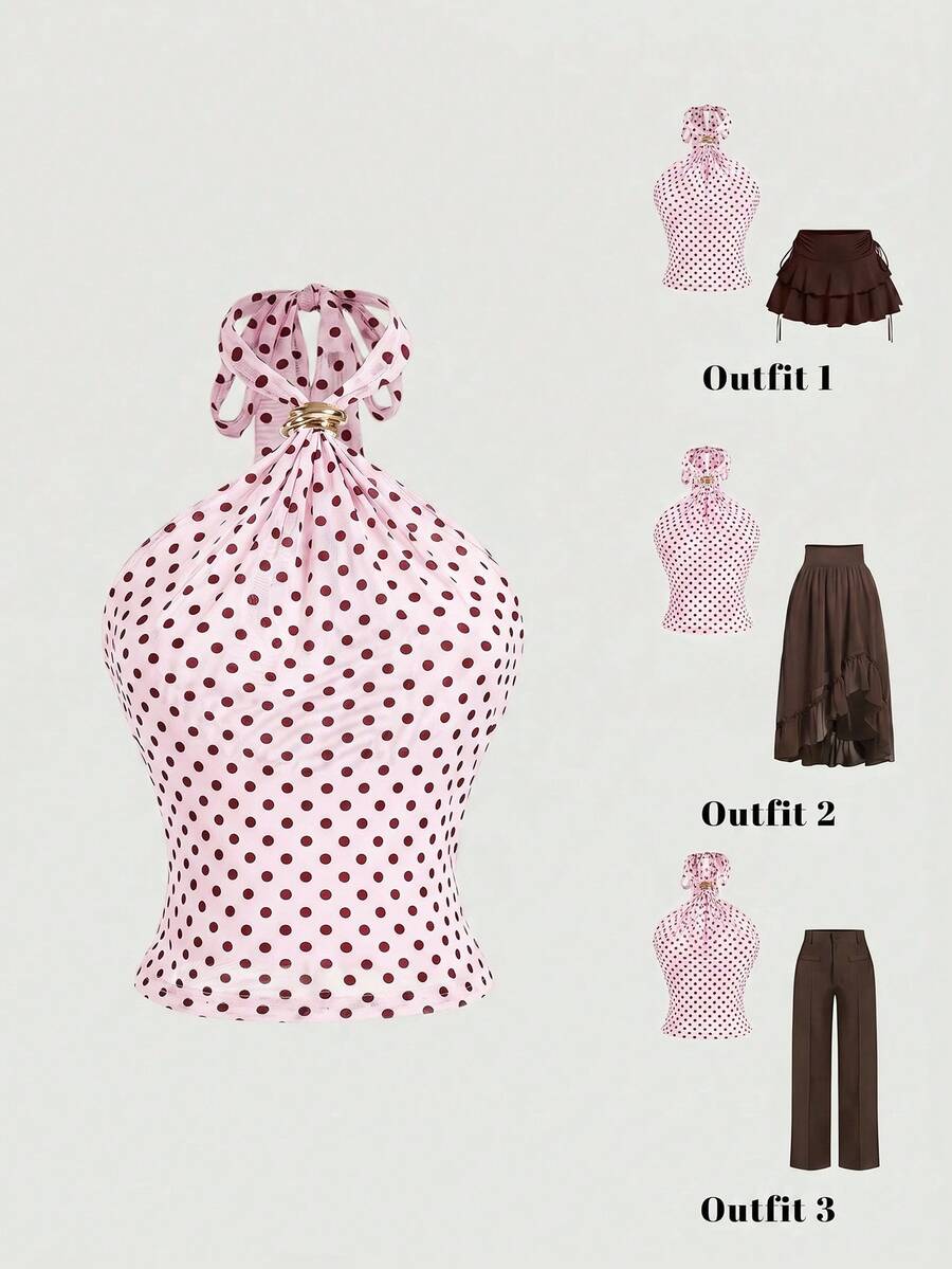 SHEIN MOD 女士波点吊带系腰休闲上衣 - 粉色 - 查看 1