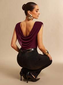 Silquee Bodysuit Feminino Elegante de Cor Sólida com Decote Drapeado e Babado, Verão - Violeta - Visão 5
