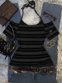 Attitoon Women's Skull Print Striped Casual Sleeveless Mock Neck T-Shirt - Multicolor - View 3