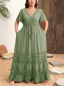 SHEIN Clasi Gaun Gaya Bohemian Leher V dengan Patchwork Renda Elegan Ukuran Plus - Mint Green - View 5