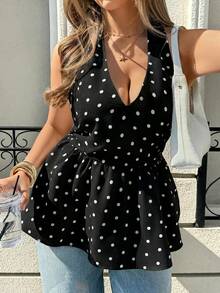 Lounesse Plus Size Women V-Neck Polka Dot Design Fashion Tie-Up Waist Flared Hem Sleeveless Top, Versatile White Base Black Dot - Black - View 4