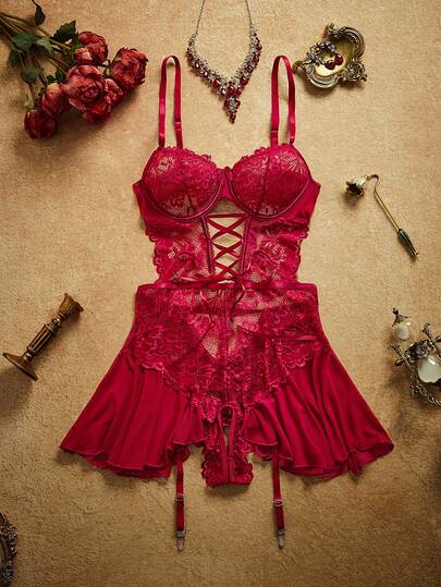 PinupPomp 3pcs Set Lace Patchwork Ruffle Hem Slit Bodysuit With Garter Belt + Fishnet Stockings,  Going Out Red Lingerie Dress Burgundy Lingerie Erotic Lingerie