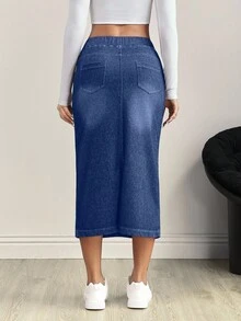 Flexra Plus Size Dark Wash Denim Skirt - Medium Wash - View 2
