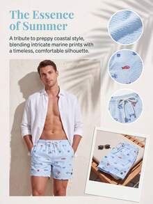 Manfinity Swimmode Baby Blue Men's Short Beach Shorts With Drawstring Graphic Print For Vacation Casual Wear, Holiday - Baby Blue - View 5