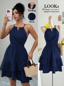 Vestido mini ajustado y acampanado sin mangas, elegante, de color caqui, con lazo de cuentas para mujer, para primavera/verano - Azul marino - Ver 4