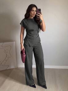Firerie Conjunto de 2 piezas de camisa con estampado a cuadros y dobladillo asimétrico y pantalones de pierna ancha para mujer, adecuado para ir al trabajo, uso casual diario y ropa de negocios de moda/Conjunto de 2 piezas de ropa de otoño para mujer/Conjunto de 2 piezas para volver a la escuela/Conjunto de 2 piezas de ropa para profesoras - Gris Oscuro - Ver 5