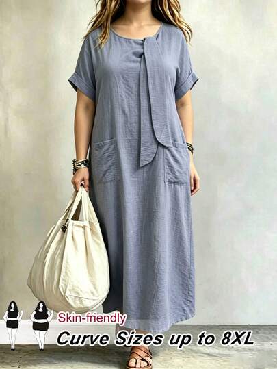 SHEIN CURVE+ 大尺碼女款休閒素色口袋洋裝