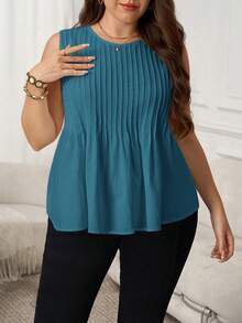 SHEIN LUNE Plus Size Summer Casual Solid Color Round Neck Textured Tank Top - Blue - View 4
