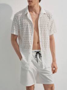 Naviga Onda Summer Men's White Tropical Vacation Solid Button-Front Short Sleeve Shirt And Shorts Set,Beach Hawaii Holiday Swim Bathing Textured Fabric Outfits - White - View 4