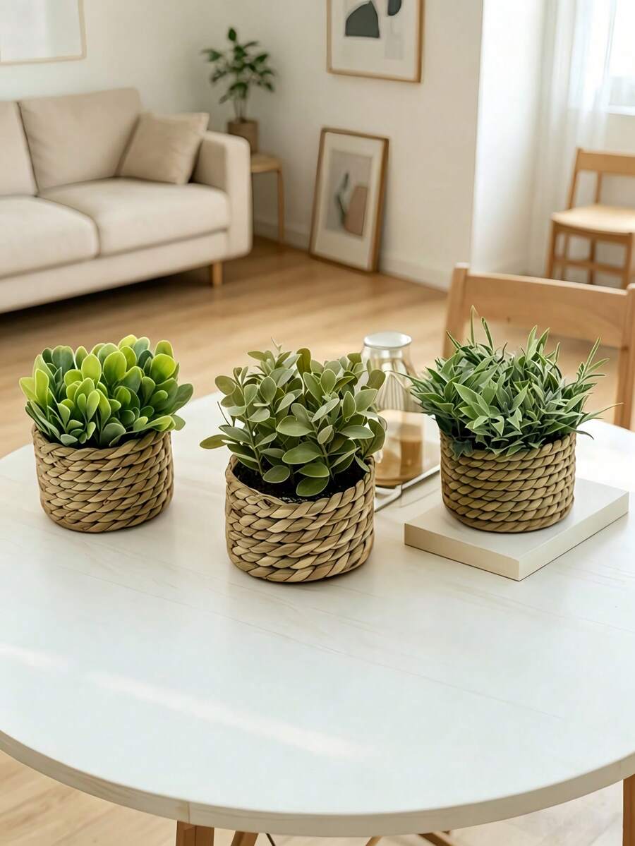 1PC 3PCS Artificial Woven Rattan Potted Plant - PE Polyester Fiber Desktop Party Kitchen Garden Decor Christmas Holiday Gift - Green - View 1