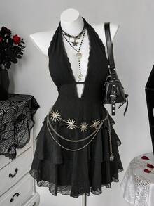 Sunspun Modisches Mesh-Minikleid mit V-Ausschnitt - Schwarz - Übersicht 1