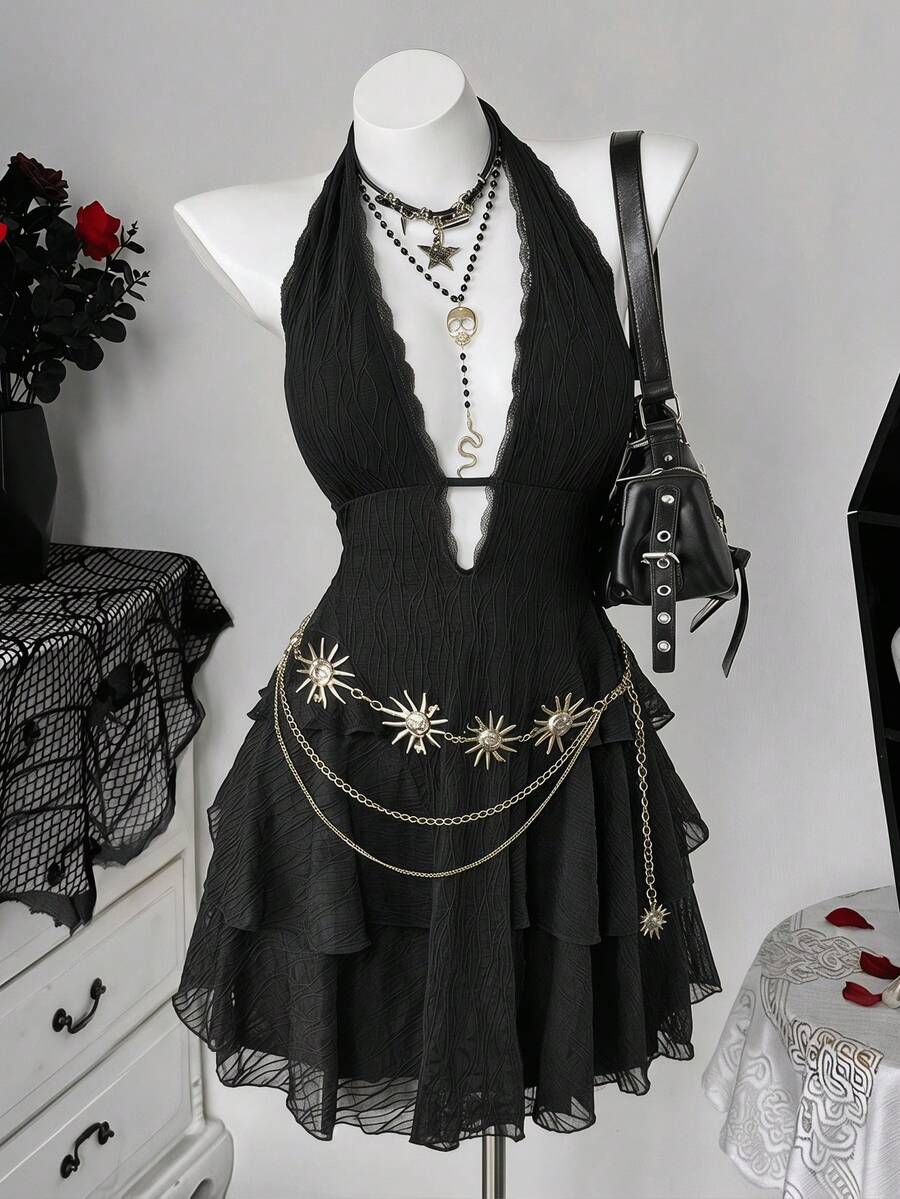 Sunspun Modisches Mesh-Minikleid mit V-Ausschnitt - Schwarz - Übersicht 1