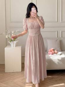 Celisse Women's Elegant Ruched Petal Sleeve Square Neck Solid Color Waist Cinched Dress, Summer Party Dusty Pink - Pink - View 5