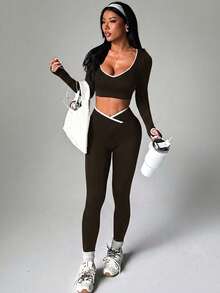 Dewbera Dewbera Set de 2 piezas de ropa deportiva sin costuras de color contrastante para mujer - Marrón - Ver 7