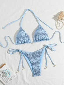 Bonvoyette 2件式泳裝套裝，採用閃亮紋理面料、珍珠裝飾、掛脖三角胸罩與側綁式泳褲，春夏季海灘度假性感比基尼套裝 - 淺藍色 - 查看 5