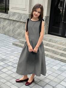 SHEIN 青少年女孩對比收腰長洋裝 休閒優雅時尚百搭 日常穿搭 適合典禮派對所有場合 新款女童洋裝 - 灰色 - 查看 4