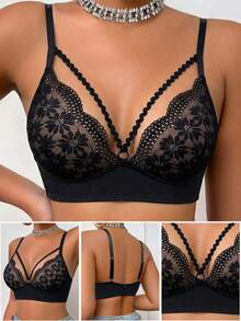 DesireSculpt 1pc Lace Wireless Bra For Women - Black - View 1