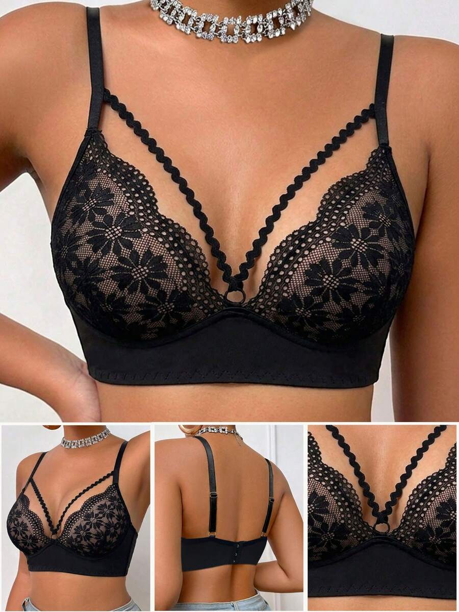 DesireSculpt 1pc Lace Wireless Bra For Women - Black - View 1