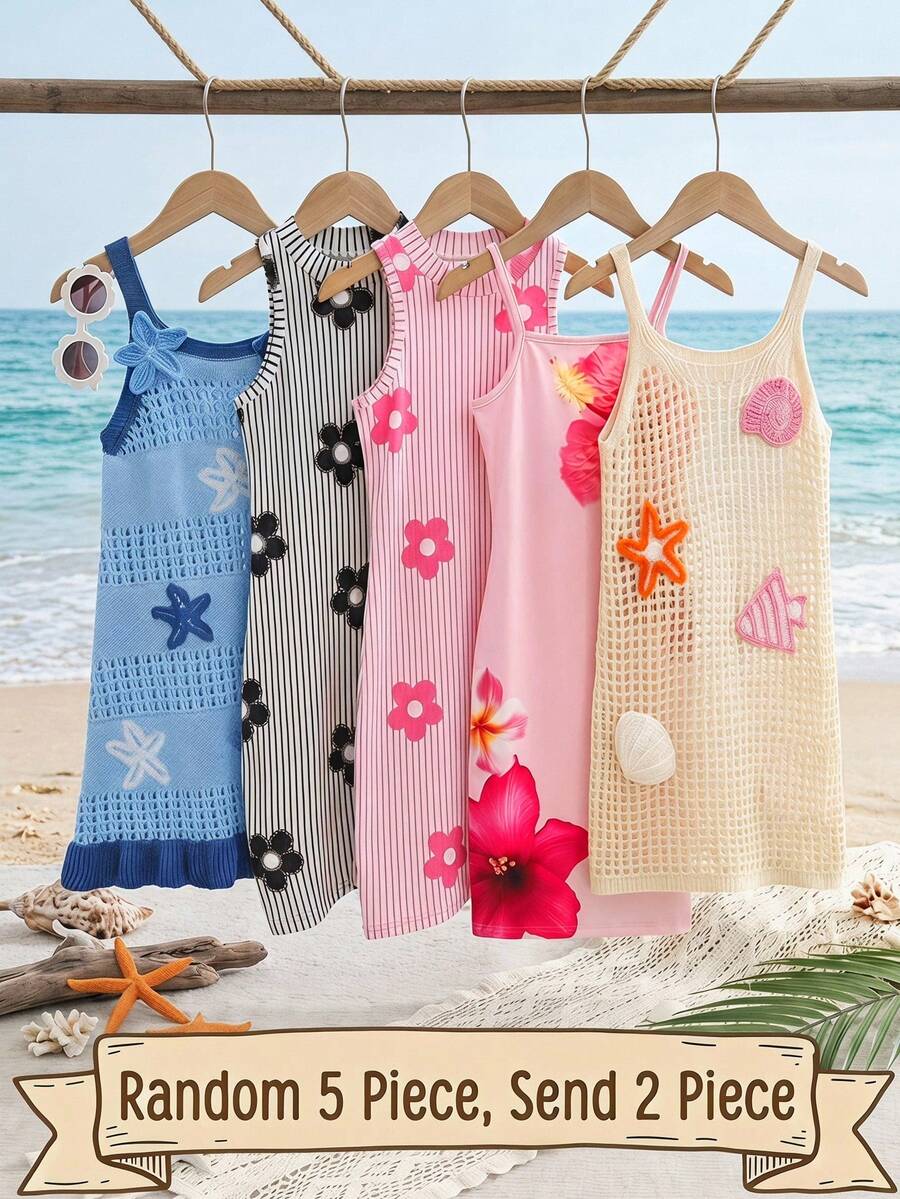 SHEIN 2件套 女童针织条纹花卉图案立领无袖连衣裙 - 彩色 - 查看 1