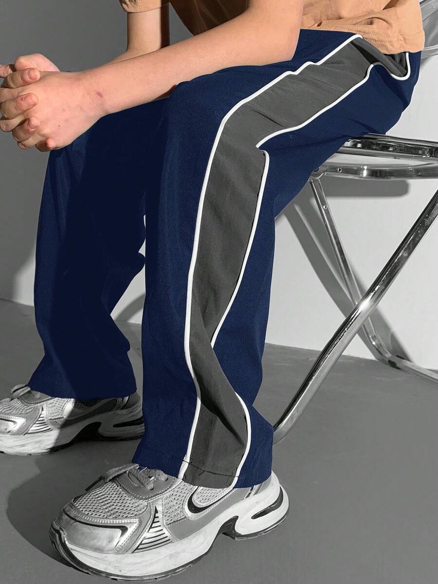 Tween Boy Color Block Casual Versatile Daily Wear Pants - Navy Blue - View 1