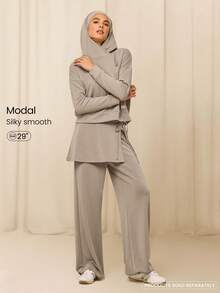 GLOWMODE Modest 1PC SoftCalm Modal Easy Shift Silky-Smooth Soft Breathable Adjustable Drawstring Ankle Side Pocket 2-In-1 Wide-Leg Jogger Daily Casual Street Wear - Khaki - View 1