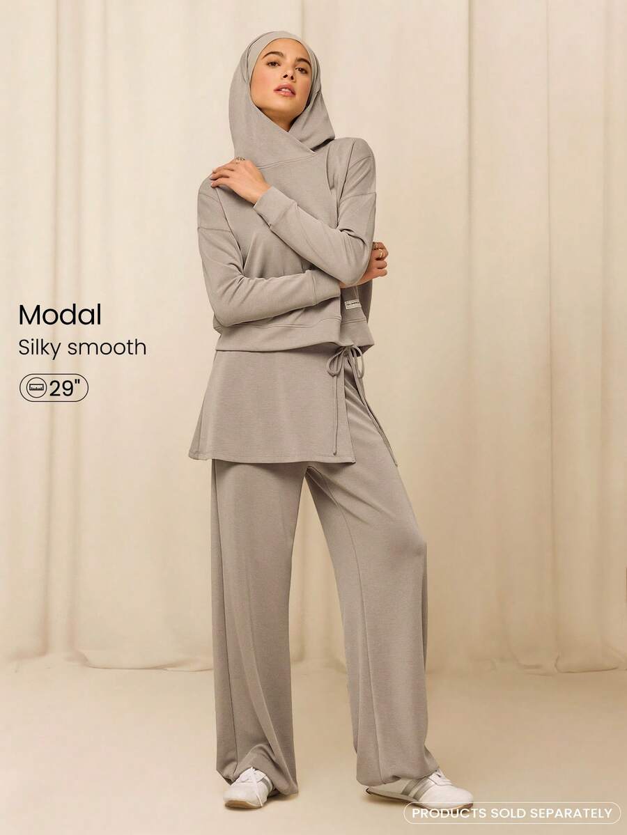 GLOWMODE Modest 1PC SoftCalm Modal Easy Shift Silky-Smooth Soft Breathable Adjustable Drawstring Ankle Side Pocket 2-In-1 Wide-Leg Jogger Daily Casual Street Wear - Khaki - View 1