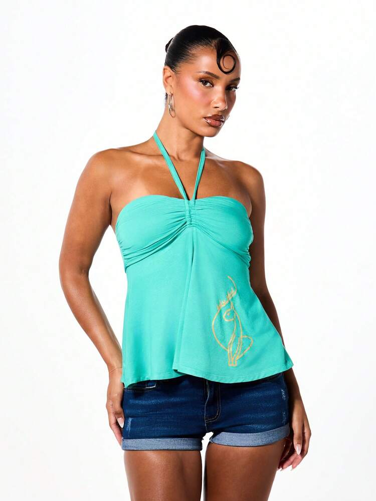BABYPHAT Top bandeau con cuello de corbata, busto fruncido, bajo fluido y estampado dorado lateral, estilo Y2K