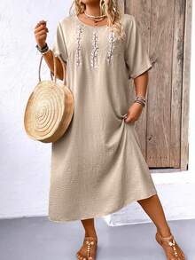 EMERY ROSE Plus Size Boho Women's Summer Casual A-Line Dress With Plant Embroidery, Round Neckline And Short Sleeve - Khaki - View 1