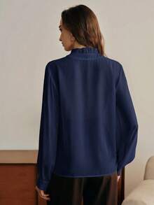 Anewsta Essential Elegant French Style V-Neck Ruffle Trim Fashionable Blouse, Suitable For New Year, Spring, Summer, White, Valentine's Day - Navy Blue - View 7