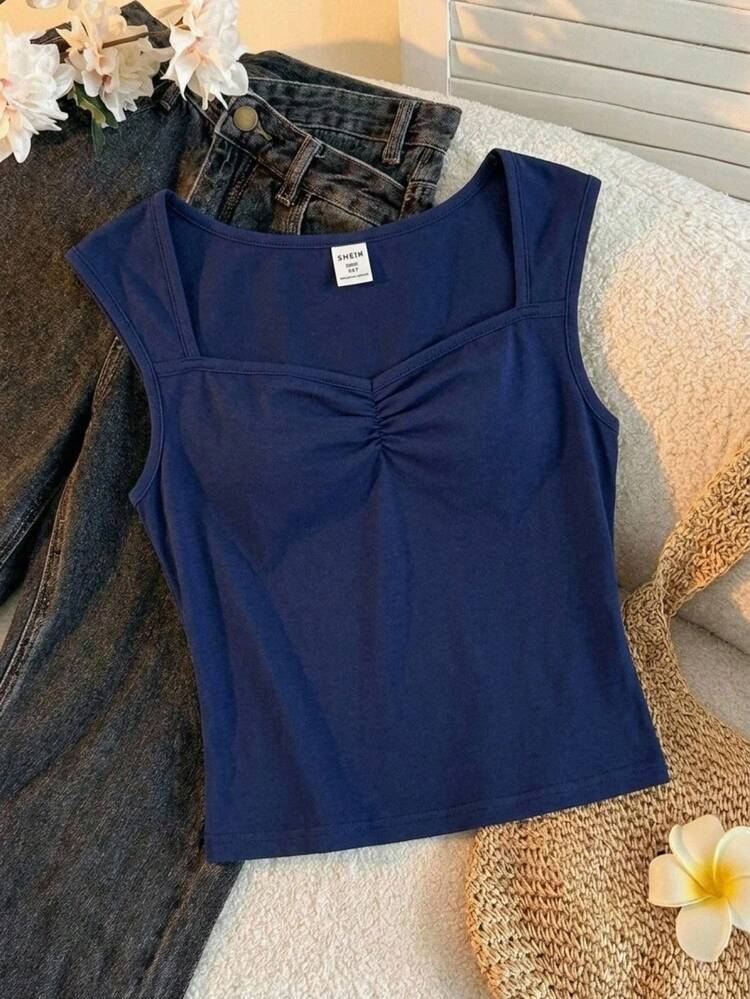 SHEIN Tween Girl (Lucky Bag: 3pcs Random 1pc Sent) Textured Knit Ruched Bust Casual T-Shirt In Light Yellow, Y2K For Teens, Suitable For Summer Vacation, Back To School, Holiday Family Picnic, Daily Wear, Navy Blue Fitted Short Sleeve Top - Yellow - View 7