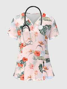 TaskEZ 花卉印花V領短袖刷洗制服上衣 - 彩色 - 查看 1