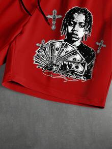 Manfinity Roghcode Men Streetwear Set,White And Red ""GET RICH"" Portrait Print Short Sleeve T-Shirt And Shorts,Retro Y2K Hip Hop Style For Summer Music Festival Beach - Multicolor - View 5