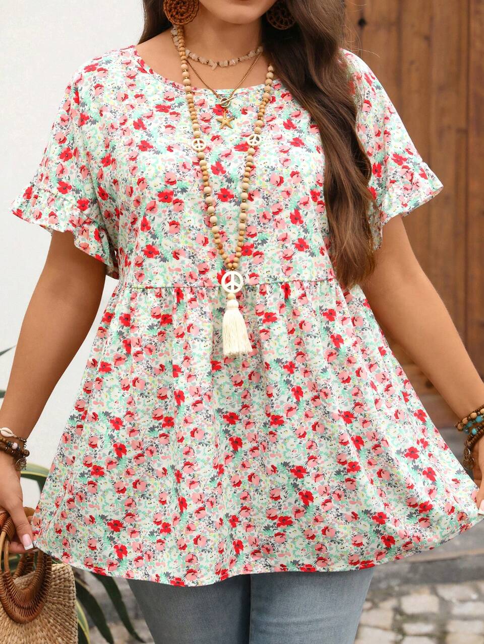 Plus Size Women's Summer Casual Vacation Holiday Boho Mint Green Ditsy Floral Print Round Neck Short Sleeve Ruffle Loose Blouse Shirt Top,