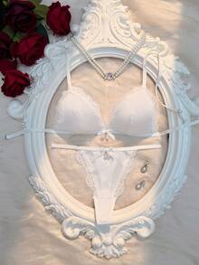 Crystal Vow Bộ đồ lót nữ gợi cảm 2 món bằng satin Pháp và ren phối ren, cúp ngực tam giác. - trắng - Xem 3