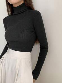 DAZY Ribbed Knit Turtleneck Jumper - Black - View 7