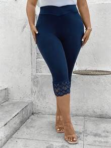 EMERY ROSE Plus Size Women Lace Patchwork Casual Versatile Daily Wear Leggings - Navy Blue - View 7
