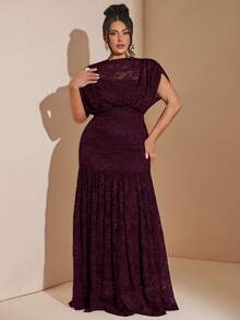 SHEIN BAE Plus Size Women Dark Purple Lace Dress Formal Wedding Winter Elegant - Red Violet - View 6