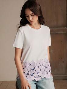 Anewsta 女款重工刺繡與珠飾圓領短袖T恤，夏季 - 淡紫色 - 查看 5