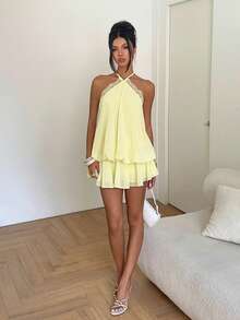 Aloruh 女士优雅浅黄色吊带系带迷你连衣裙，适合约会和度假 - 黃色 - 查看 7