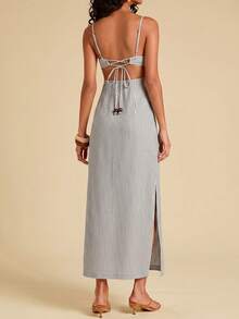 Floral Print Spaghetti Strap Dress With Open Back, Vacation Style - Pearl White - View 2