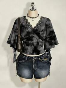 SHEIN ICON 大码女式扎染撞色蕾丝荷叶袖T恤 - 彩色 - 查看 6