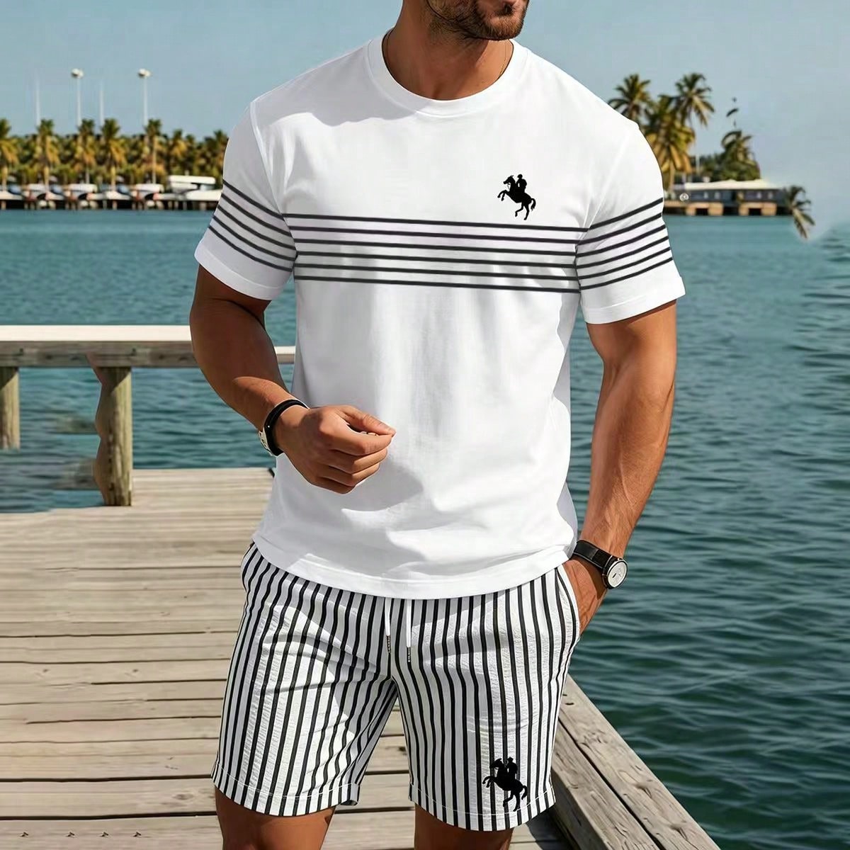 Conjunto casual de camiseta de manga corta y pantalones cortos con diseño de rayas y parches para hombre