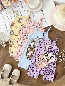 [RANDOM 4 PCS SEND 1 PC] Baby Girls Pink Summer Cute Family Matching Retro Leopard Bow Cartoon Rabbit Graphic Suspender Romper,Korean Style Outfit - Multicolor - View 9