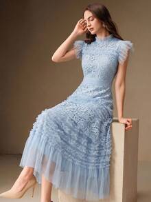 Anewsta Women's Elegant Hollow Embroidered Waist Flared Ruffle Hem Short Sleeve Dress, Suitable For Formal, Party, Chic, Work, Graduation, Wedding, Red Carpet - Blue - View 5