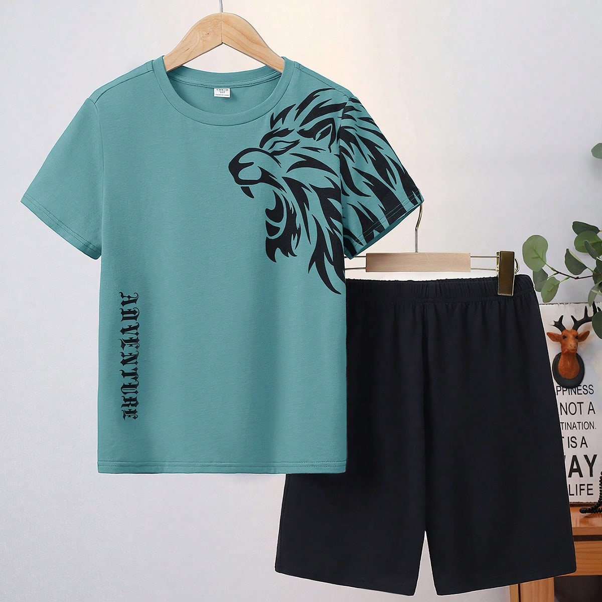 Set de 2 piezas de camiseta con gráfico de león y pantalones cortos casuales para niños preadolescentes, ropa de estar en casa de verano