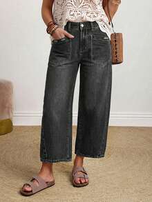 EMERY ROSE Plus Size Plain Simple Casual Everyday Jeans Formal Gray Summer - Black - View 1