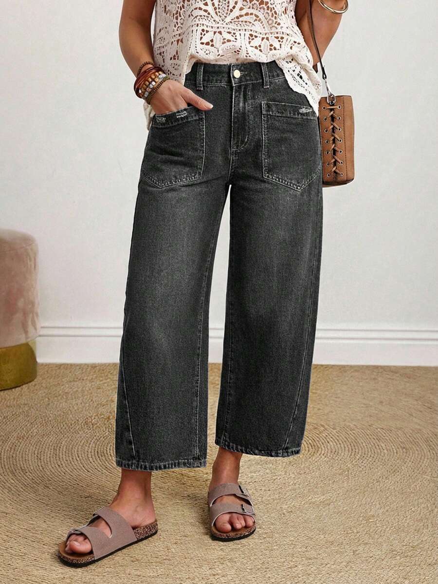 EMERY ROSE Plus Size Plain Simple Casual Everyday Jeans Formal Gray Summer - Black - View 1
