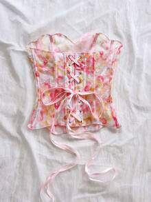 Soleia 女款平口蕾絲雙層修身束腰上衣，鏤空刺繡白色花卉，適合夏季休閒、派對、野餐穿搭 - 綠色 - 查看 2